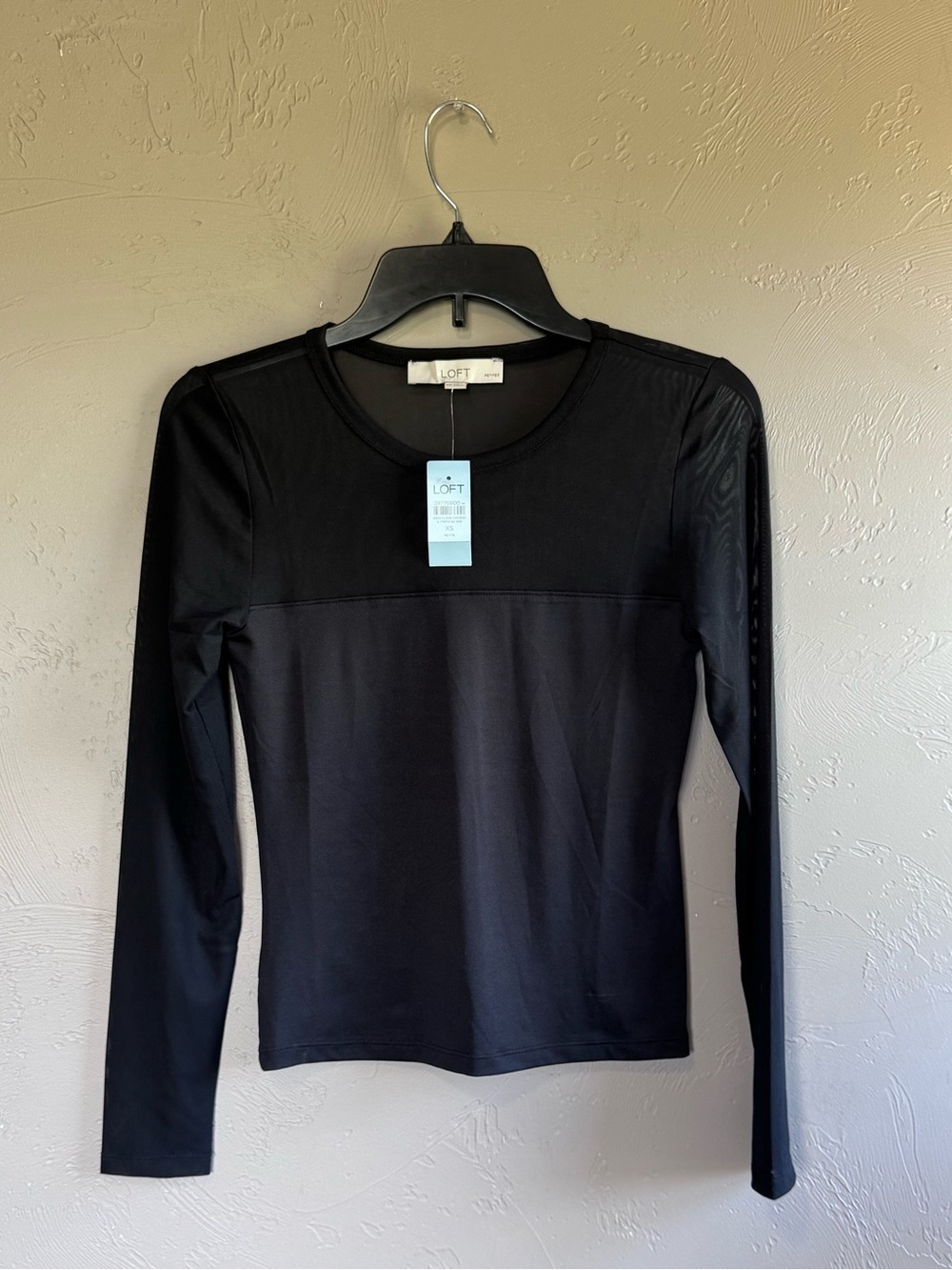 LOFT Black Long-Sleeve Crewneck Top with Mesh Panels